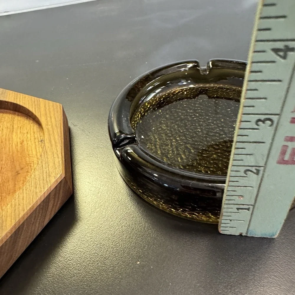 Vintage Amber Glass Ashtray Octagon Wood Base  Cigar /‎ Cigarette